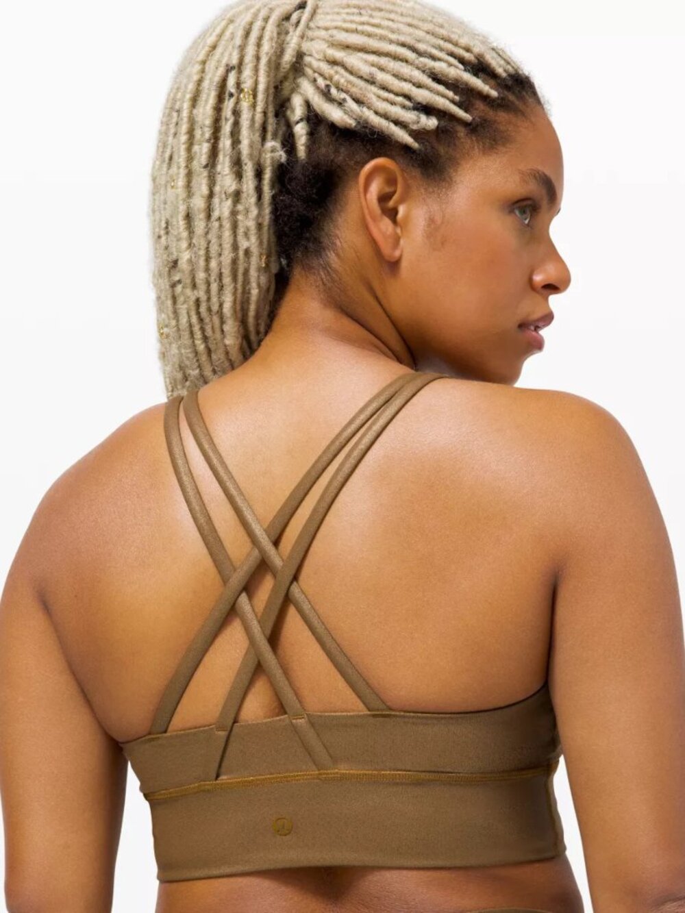 Lululemon Energy Bra Long Line Shine Matte Copper Foil Size 6 Athleisure Luxe - Picture 13 of 13